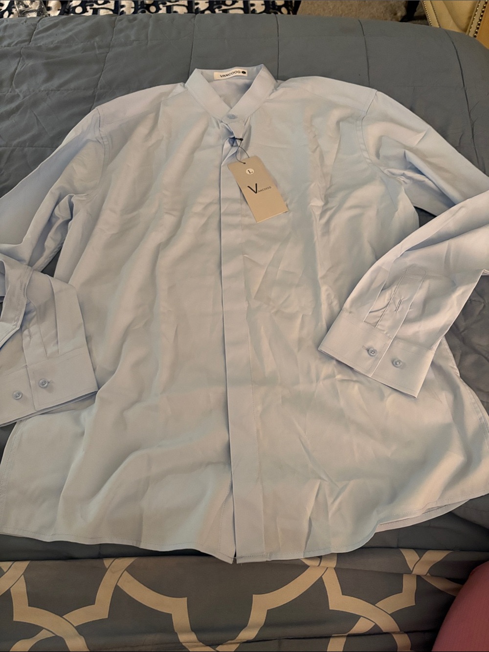 Vancoog Light Blue Hidden-Placket Band Collar Blouse